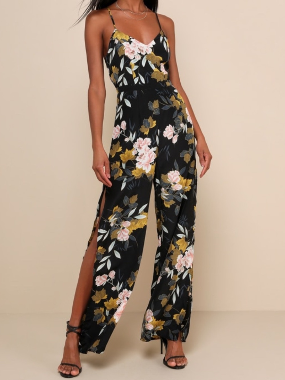 Lulus Beautiful Blooms Black Floral Print Wide-leg Jumpsuit - Size XXL
